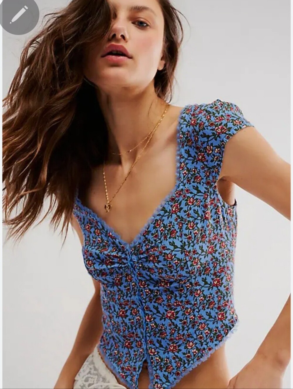 Free People Blue Floral Cropped Button Front Top Sz S